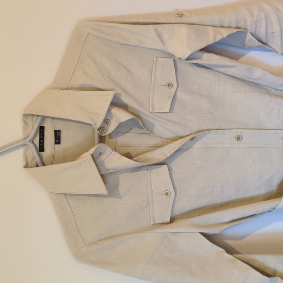 Theory Dresses & Skirts - theory saige linen ivory beige long sleeves belted collared shirt dress size 6
